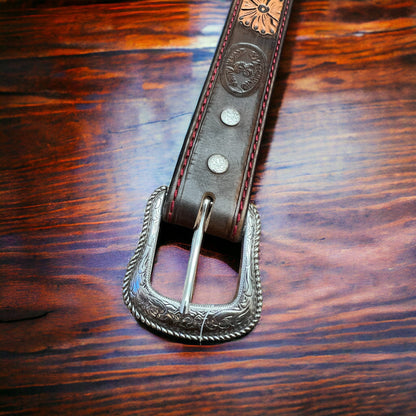 Hand-Tooled Western Leather Belt — Floral Design (32–36 Waist)