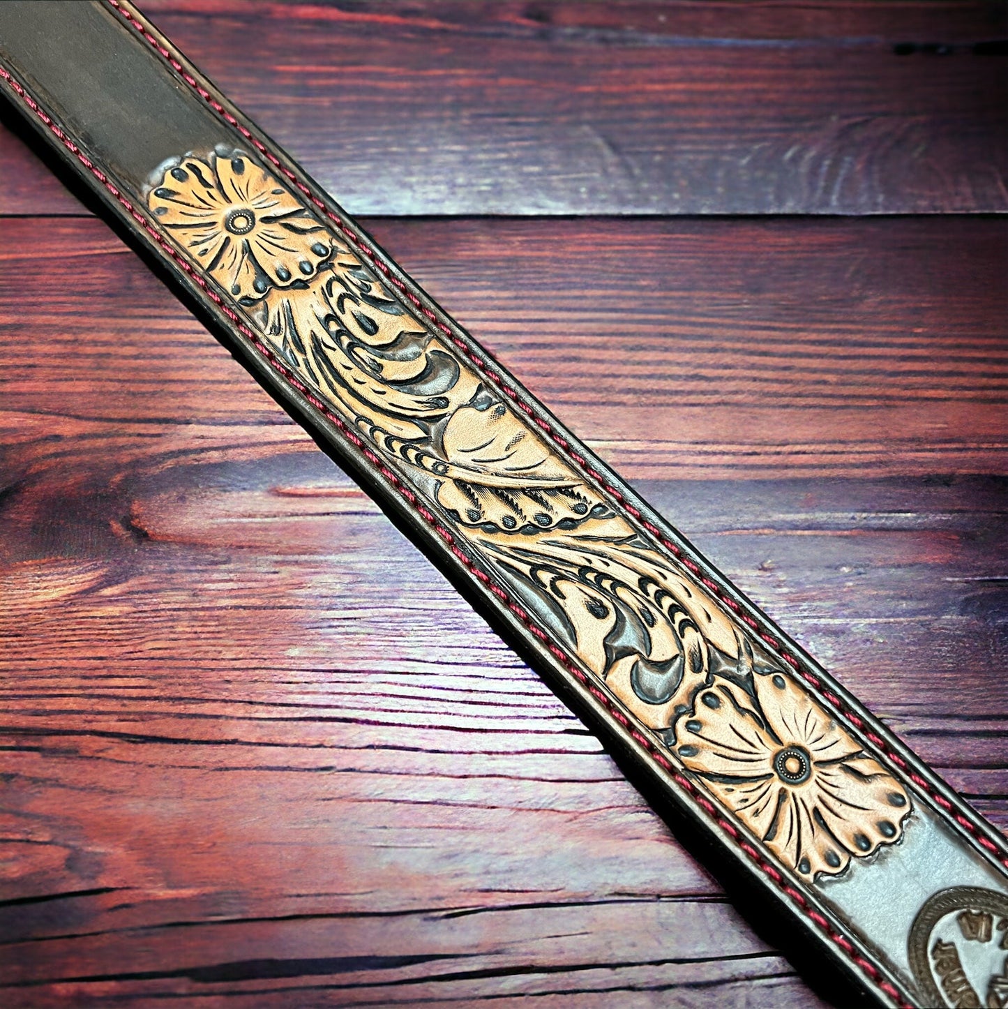 Hand-Tooled Western Leather Belt — Floral Design (32–36 Waist)