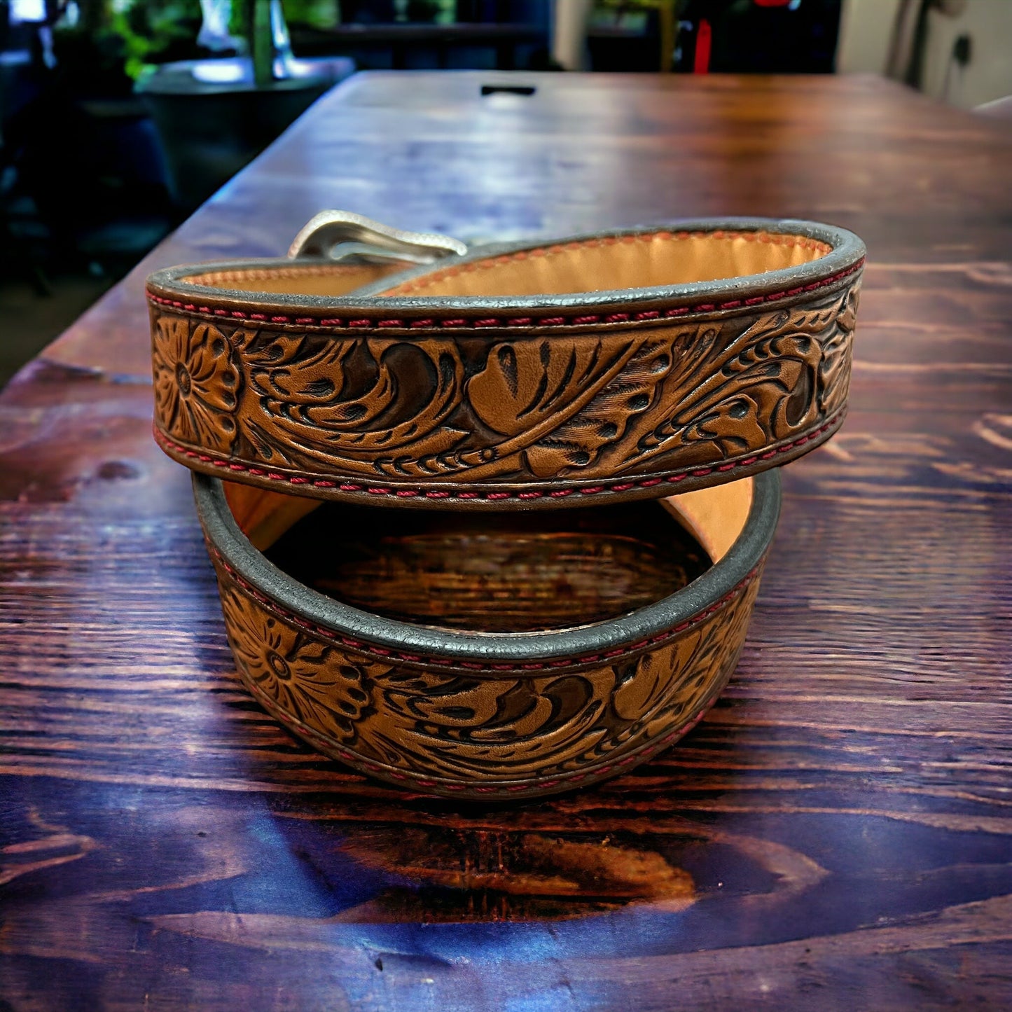 Hand-Tooled Western Leather Belt — Floral Design (32–36 Waist)