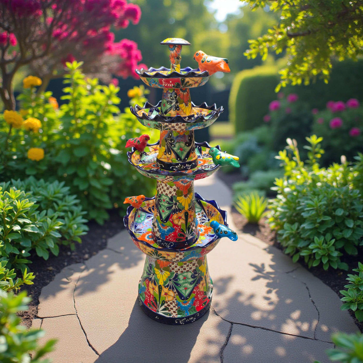 Blue Rim Tiered Talavera Fountain | Handmade Mexican Art