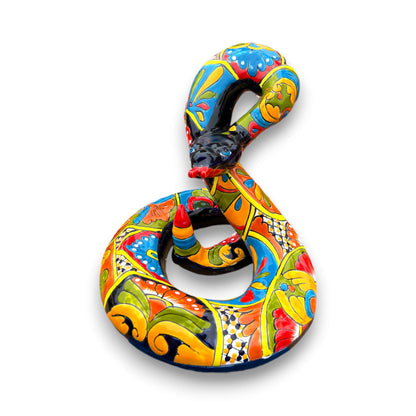Talavera Snake Statue | Multicolor Handmade Mexican Rattlesnake