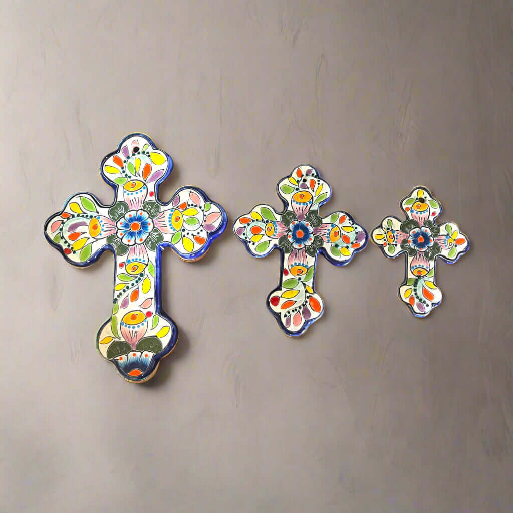 Set of 3 Talavera Wall Crosses | Handmade Mexican Ceramic Art