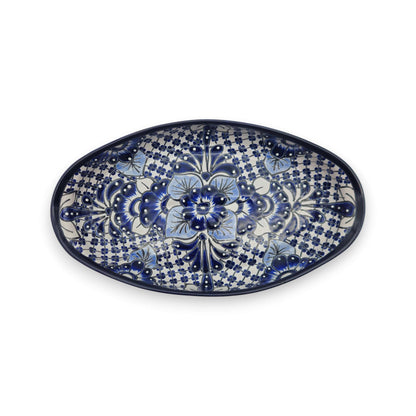 Handmade Talavera Oval Platter | Blue & White Mexican Art