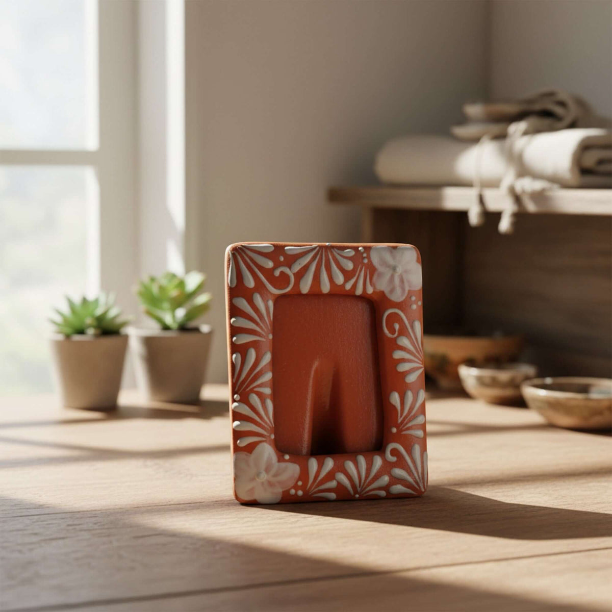 Handmade Talavera Photo Frame | Terracotta & White Design
