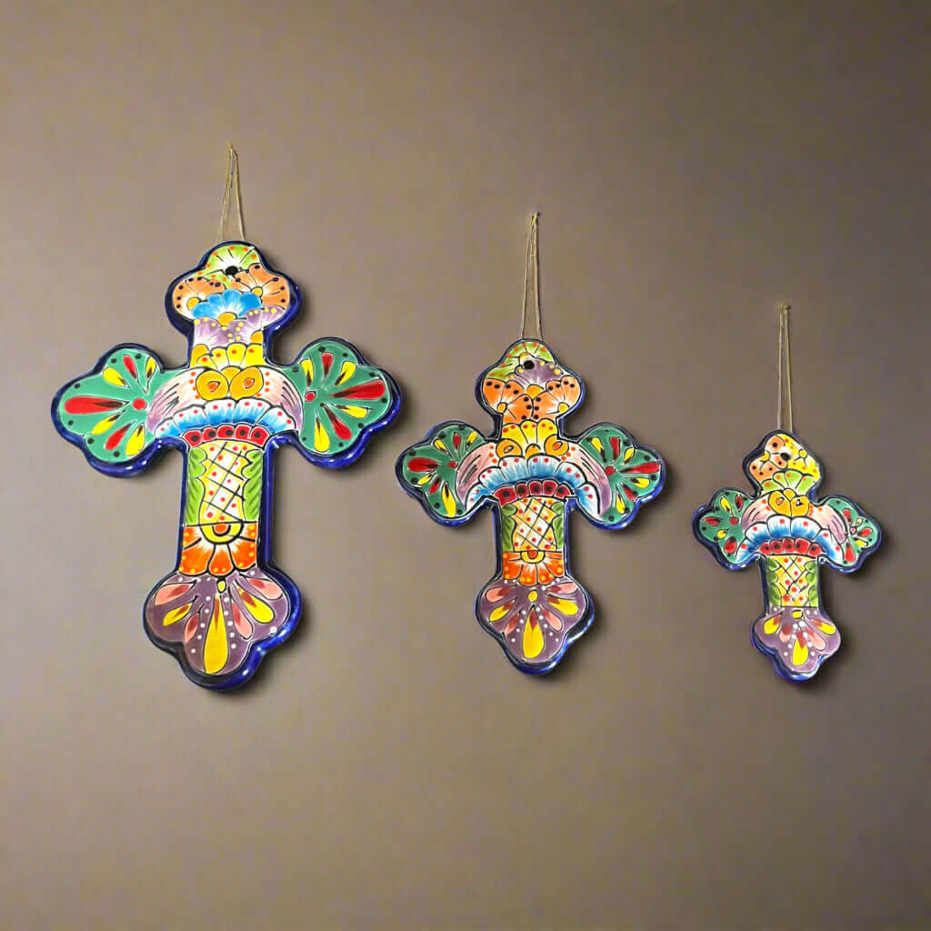 Set of 3 Talavera Wall Crosses | Handmade Mexican Ceramic Art
