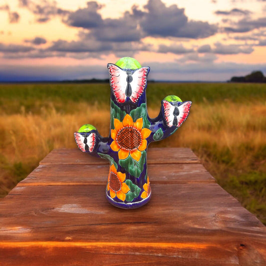 Colorful Handmade Talavera Cactus Statue | Sunflower Design