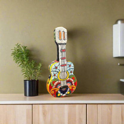 Talavera Guitar Statue | Hand-Painted Mexican Folk Art Decor