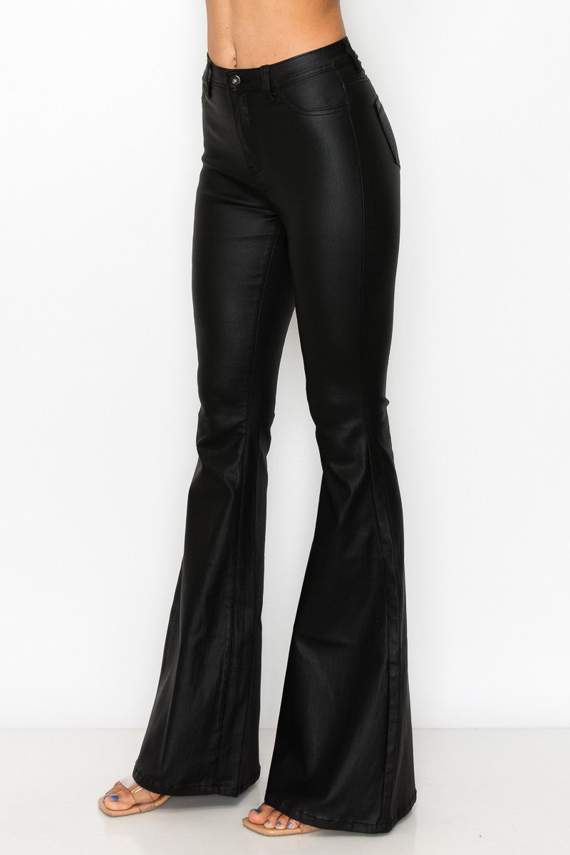 JCJQ Jeans High Waist Black Coated PU Super Bell Bottom Pants — Glam Coated Stretch with Bell Bottom Silhouette