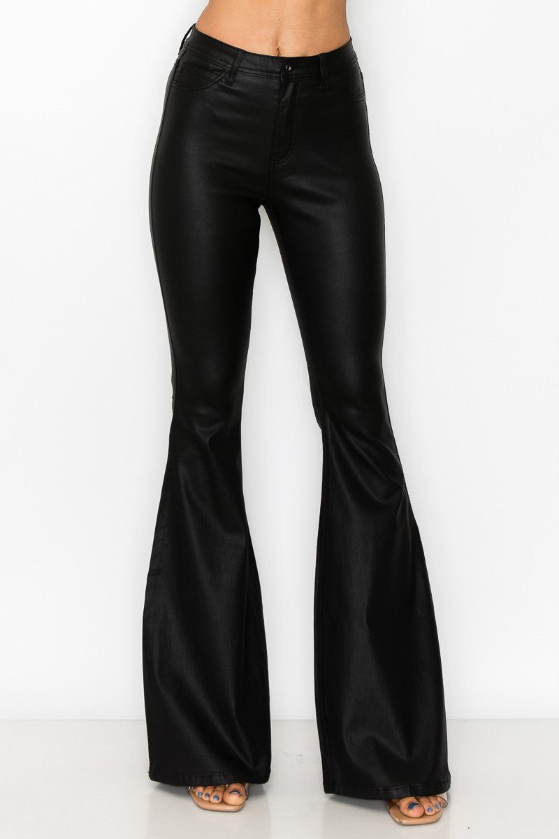 JCJQ Jeans High Waist Black Coated PU Super Bell Bottom Pants — Glam Coated Stretch with Bell Bottom Silhouette