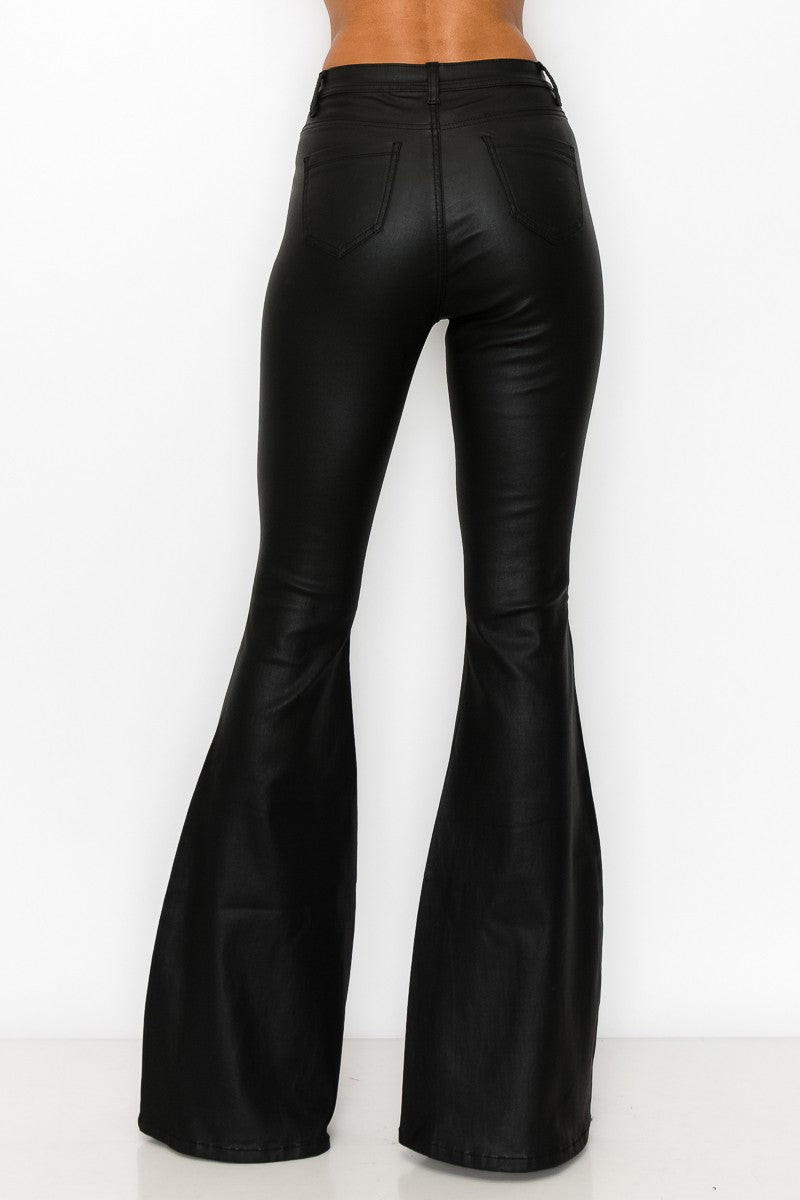 JCJQ Jeans High Waist Black Coated PU Super Bell Bottom Pants — Glam Coated Stretch with Bell Bottom Silhouette