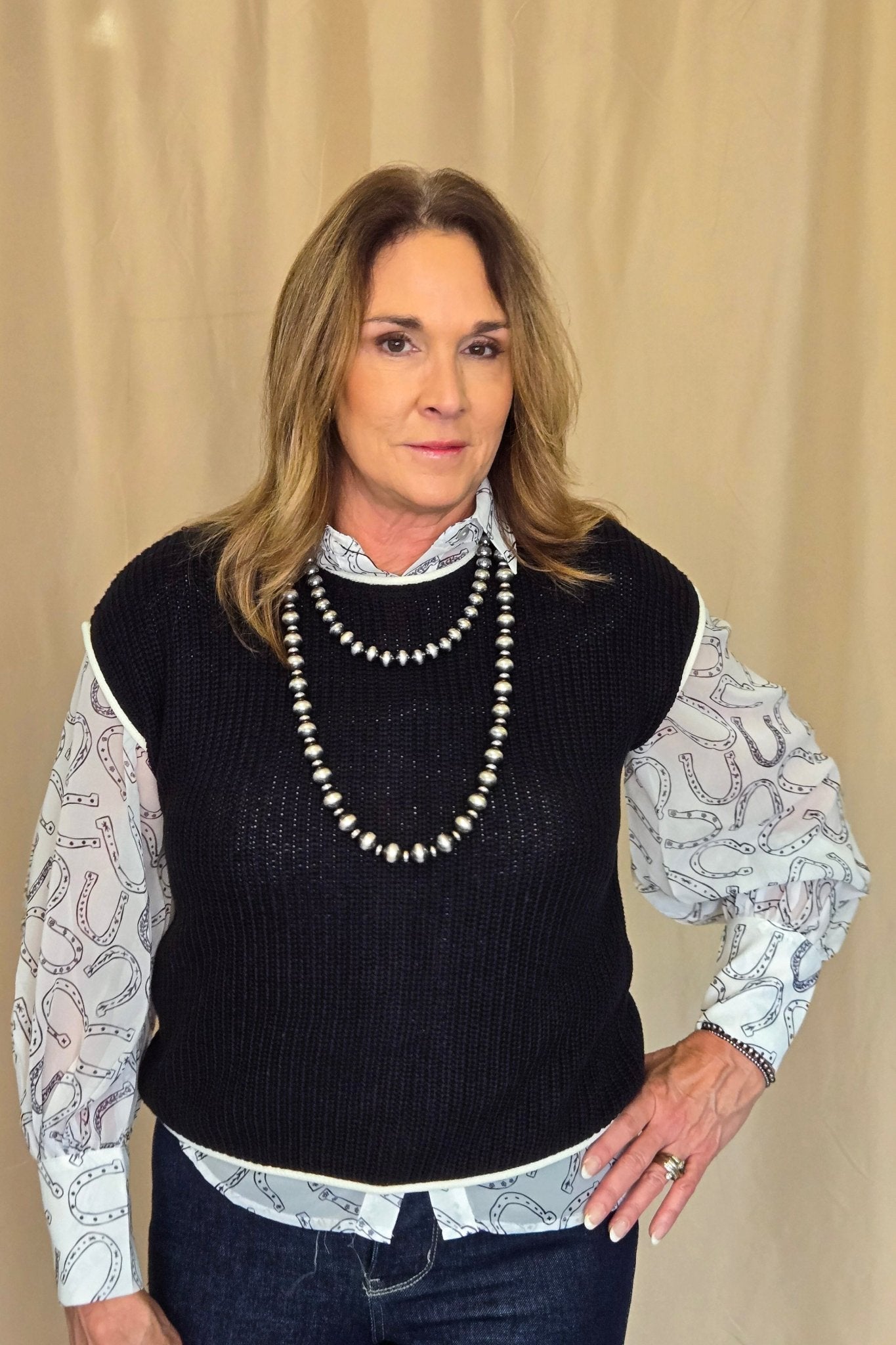Turquoise Haven Sheer Chiffon Horseshoe Print Western Blouse — Black & White Lightweight Layering Top (Small and Large remaining)