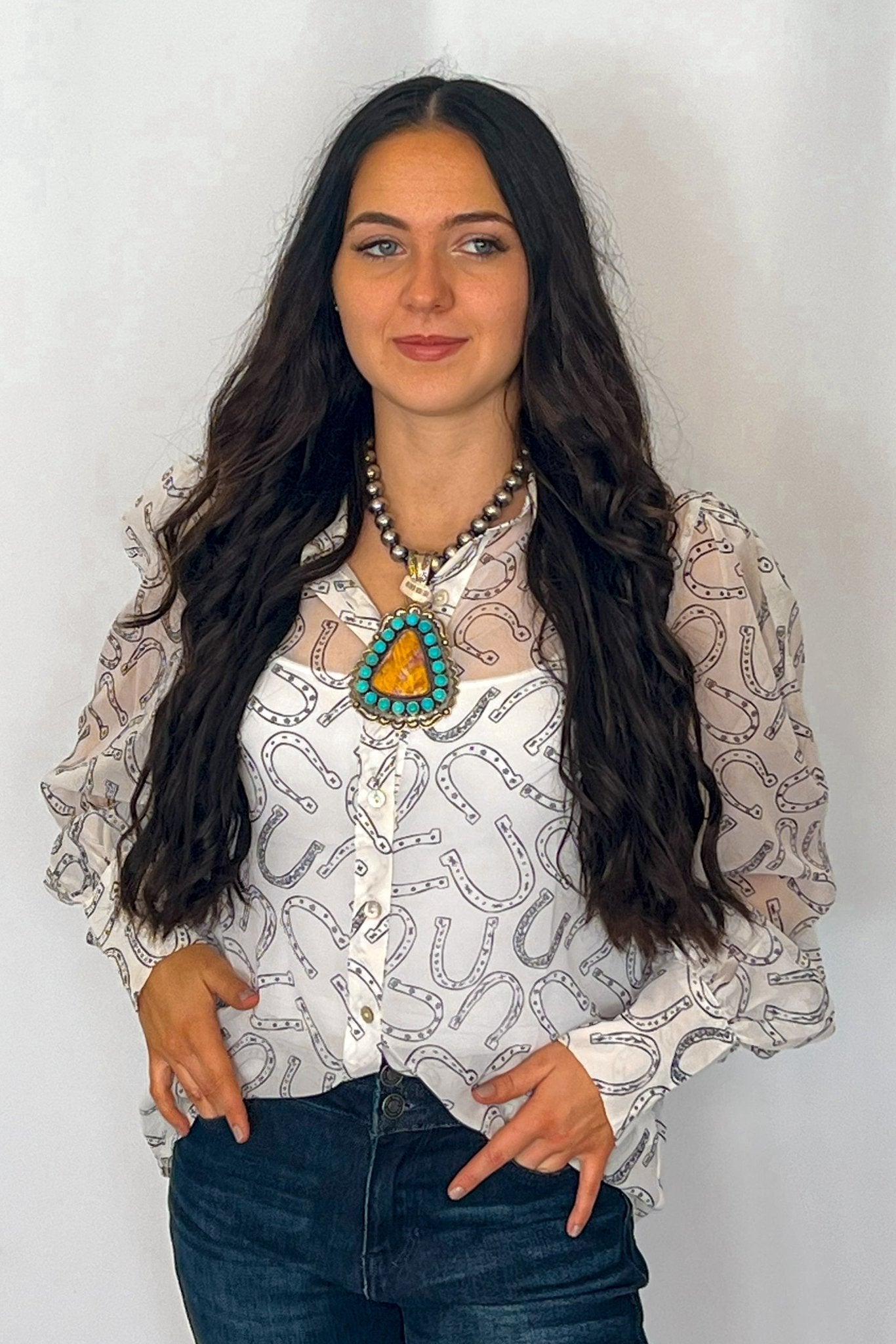 Turquoise Haven Sheer Chiffon Horseshoe Print Western Blouse — Black & White Lightweight Layering Top (Small and Large remaining)