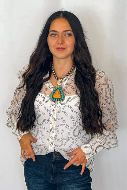 Turquoise Haven Sheer Chiffon Horseshoe Print Western Blouse — Black & White Lightweight Layering Top (Small and Large remaining)