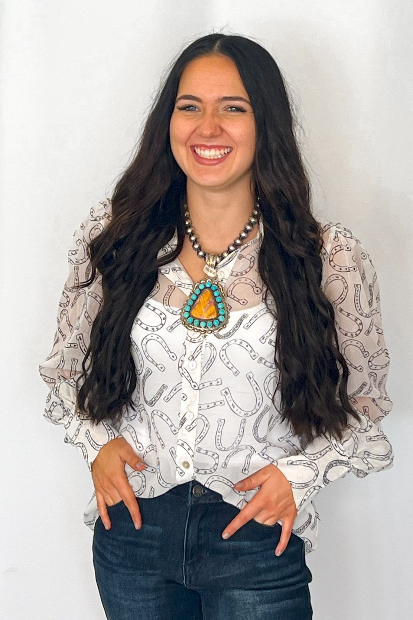 Turquoise Haven Sheer Chiffon Horseshoe Print Western Blouse — Black & White Lightweight Layering Top (Small and Large remaining)