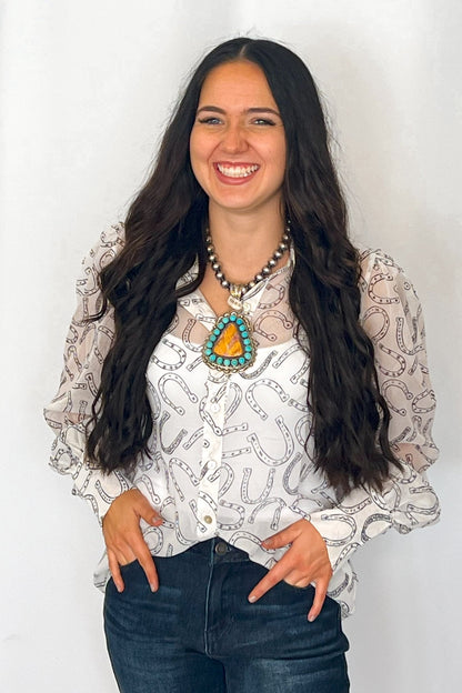 Turquoise Haven Sheer Chiffon Horseshoe Print Western Blouse — Black & White Lightweight Layering Top (Small and Large remaining)