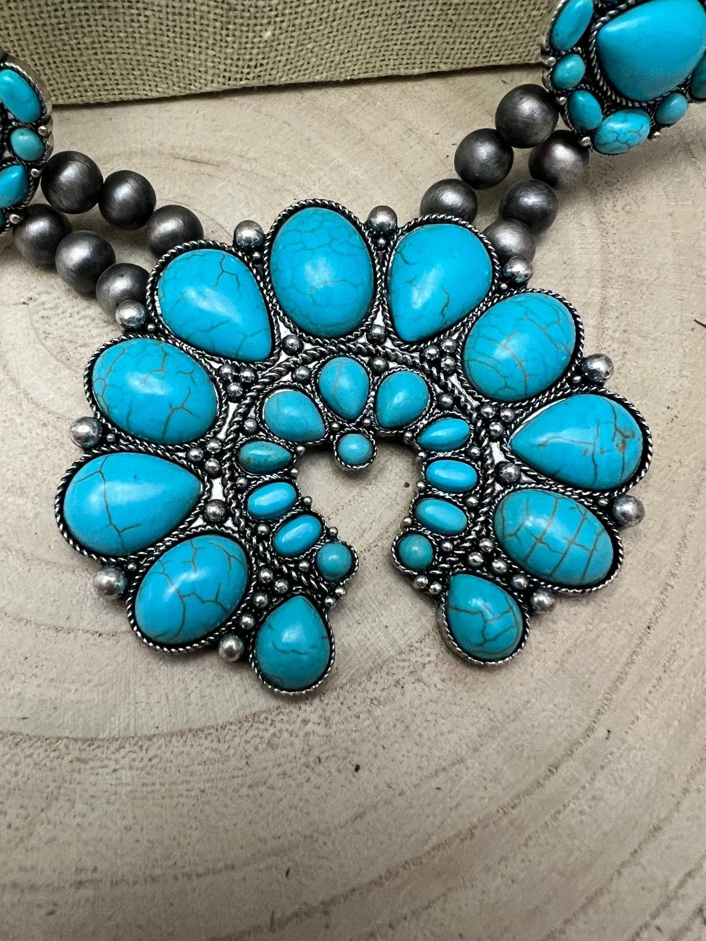 Western Huge Double-Strand Faux Turquoise Squash Blossom Statement Necklace — 32 Inch