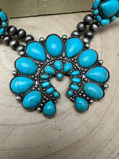 Western Huge Double-Strand Faux Turquoise Squash Blossom Statement Necklace — 32 Inch