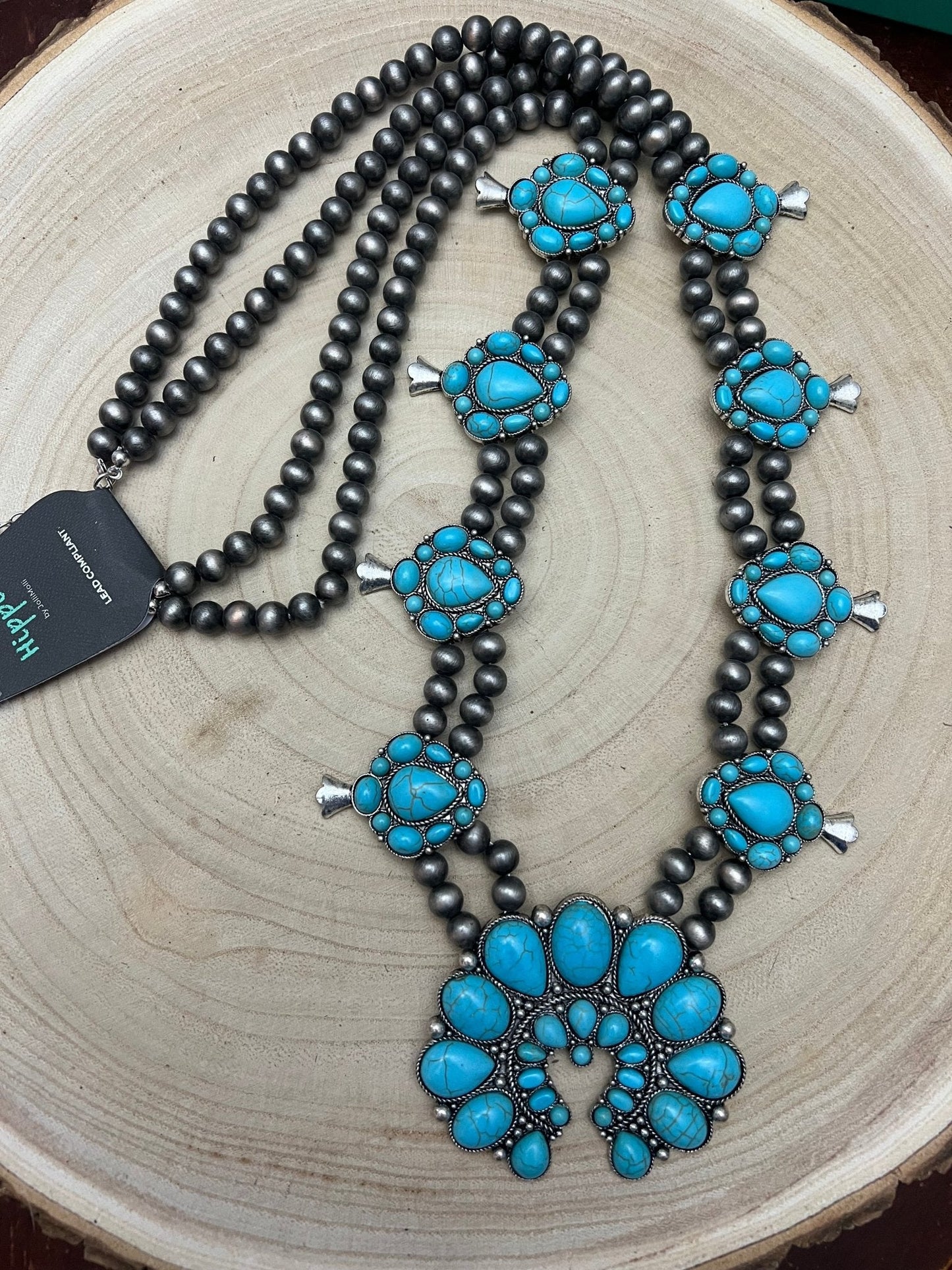 Western Huge Double-Strand Faux Turquoise Squash Blossom Statement Necklace — 32 Inch
