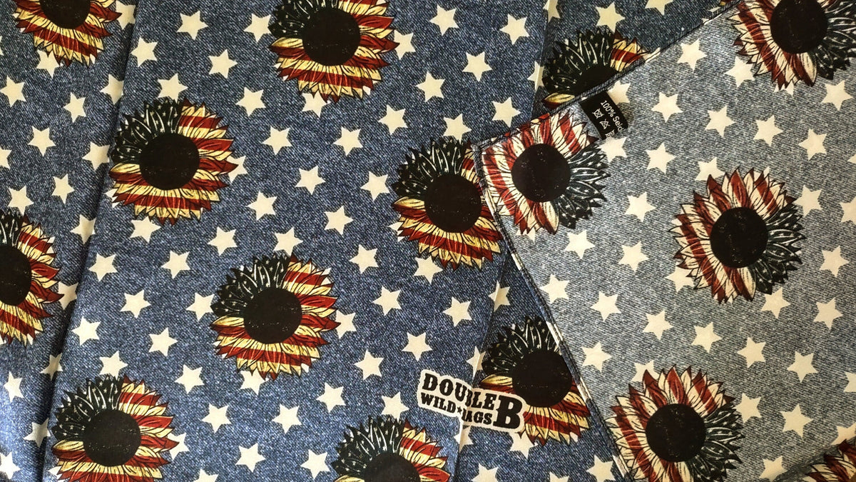 Wild Rag 100% SILK Denim Stars and USA Sunflower Western Neck Scarf Bandanna by Double B Wild Rags