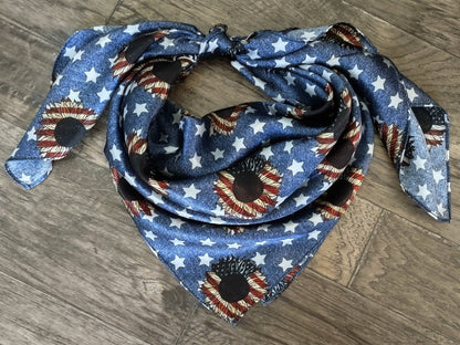 Wild Rag 100% SILK Denim Stars and USA Sunflower Western Neck Scarf Bandanna by Double B Wild Rags