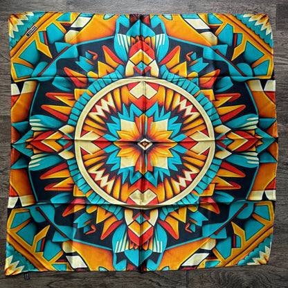 100% Silk Wild Rag Native American Indian Style Orange Teal and Yellow by Double B Wild Rags