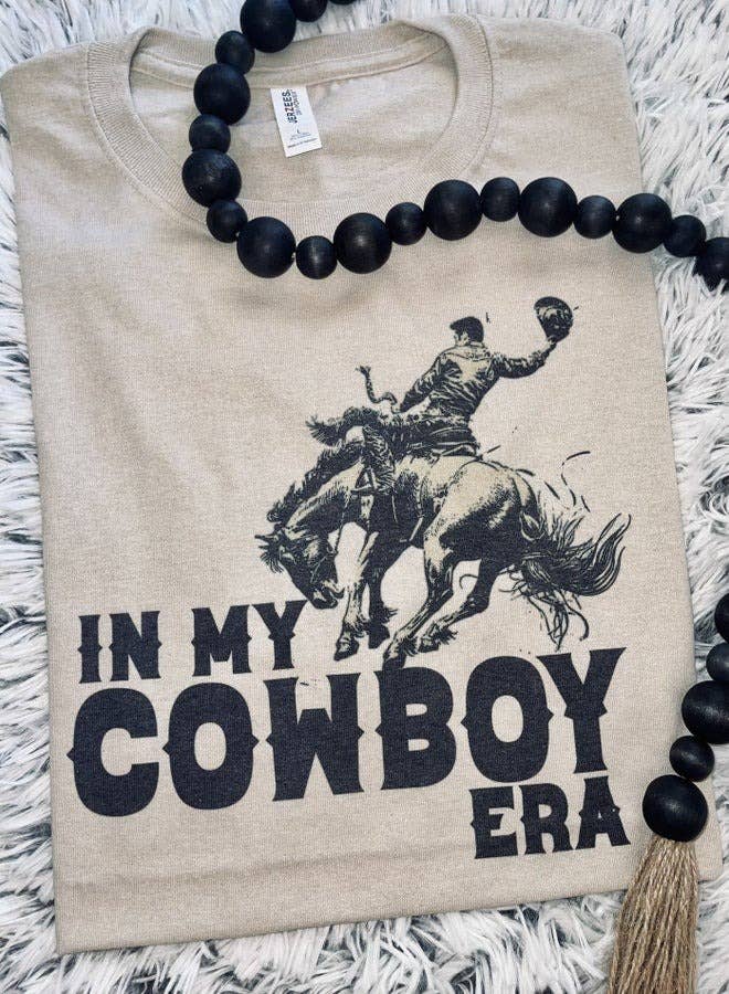 "In My Cowboy Era" Western Graphic Tee — Tan Jerzee Sublimation Print Wild West Statement