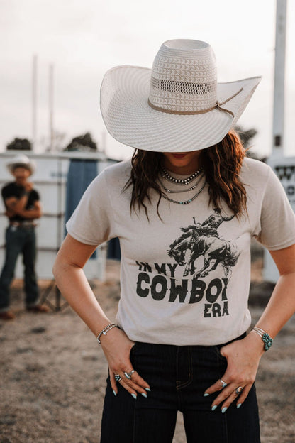 "In My Cowboy Era" Western Graphic Tee — Tan Jerzee Sublimation Print Wild West Statement