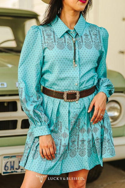 LUCKY & BLESSED "Jade Aztec" Pearl Snap Long-Sleeve Pleated Western Dress — Bold Aztec Print with Pleated Skirt