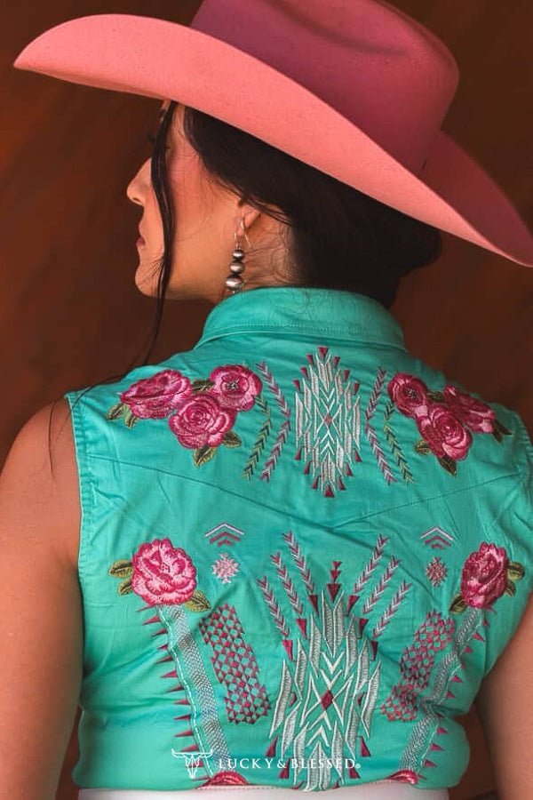 LUCKY & BLESSED "Jade" Pearl Snap Floral Embroidered Sleeveless Stretch Western Tunic Dress