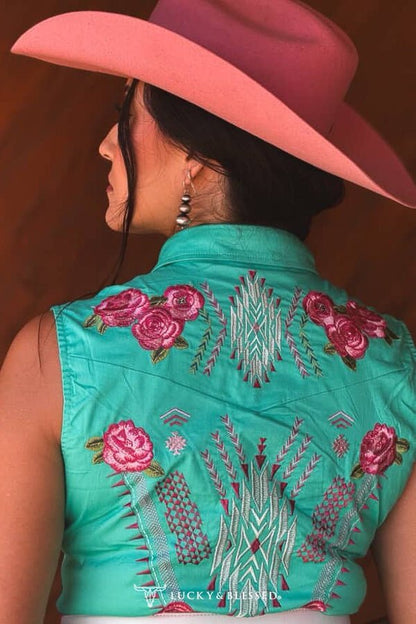 LUCKY & BLESSED "Jade" Pearl Snap Floral Embroidered Sleeveless Stretch Western Tunic Dress