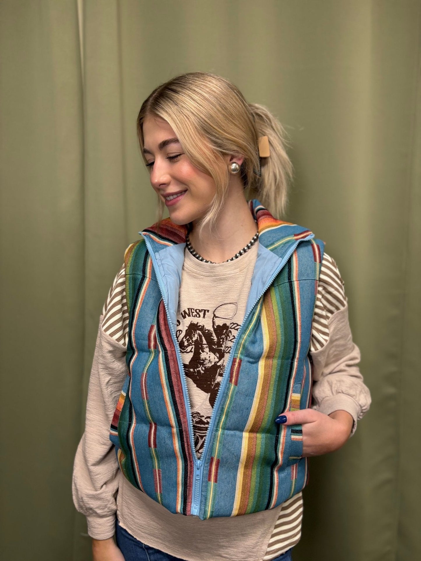 LUCKY & BLESSED Jade Serape Western Woven Zip-Up Puffer Vest — Vivid Southwestern Print with Stand-Up Collar