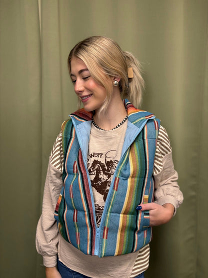 LUCKY & BLESSED Jade Serape Western Woven Zip-Up Puffer Vest — Vivid Southwestern Print with Stand-Up Collar