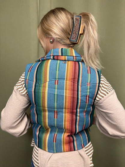 LUCKY & BLESSED Jade Serape Western Woven Zip-Up Puffer Vest — Vivid Southwestern Print with Stand-Up Collar