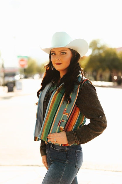 LUCKY & BLESSED Jade Serape Western Woven Zip-Up Puffer Vest — Vivid Southwestern Print with Stand-Up Collar