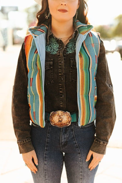 LUCKY & BLESSED Jade Serape Western Woven Zip-Up Puffer Vest — Vivid Southwestern Print with Stand-Up Collar