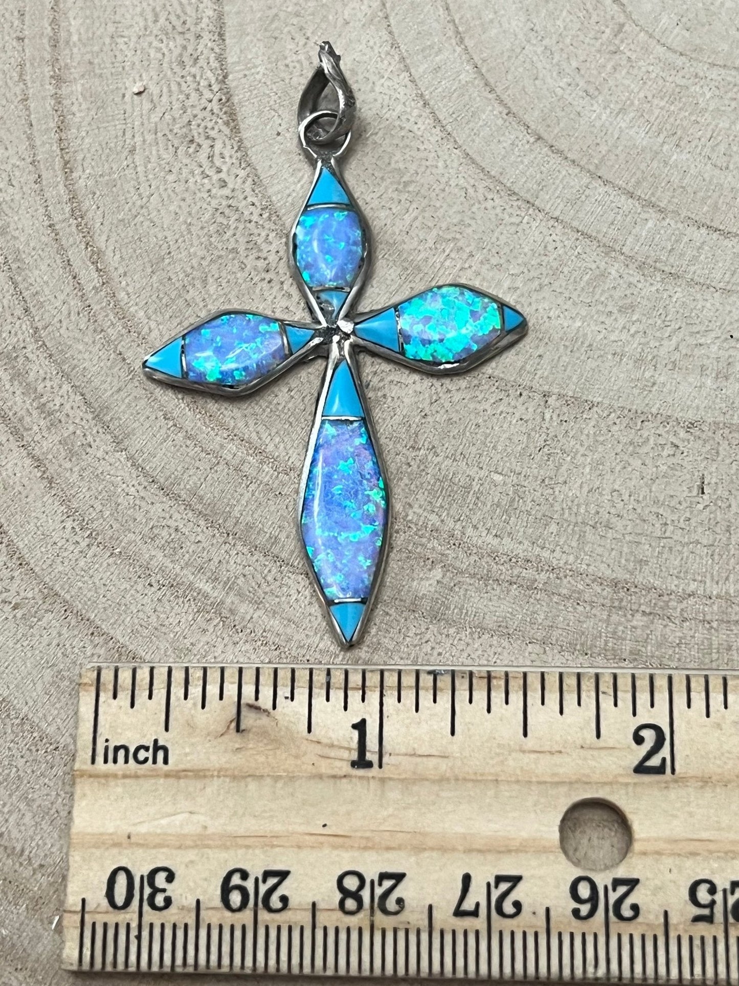 James Kee Navajo Turquoise & Opalite Inlay Cross Pendant — Sterling Silver, Signed JK
