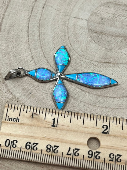 James Kee Navajo Turquoise & Opalite Inlay Cross Pendant — Sterling Silver, Signed JK