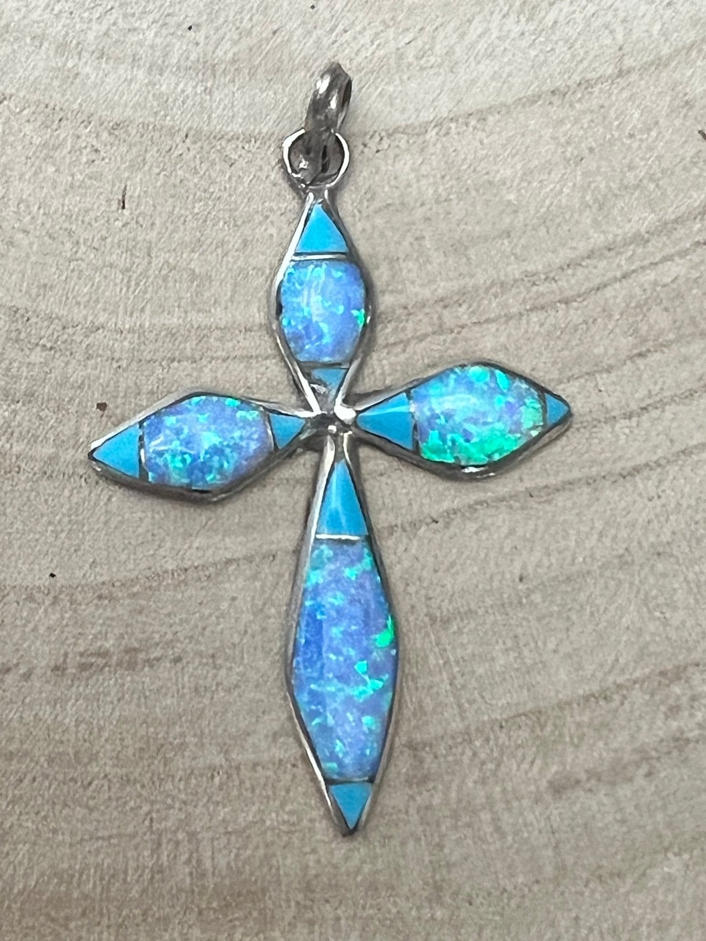 James Kee Navajo Turquoise & Opalite Inlay Cross Pendant — Sterling Silver, Signed JK