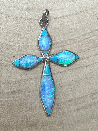James Kee Navajo Turquoise & Opalite Inlay Cross Pendant — Sterling Silver, Signed JK