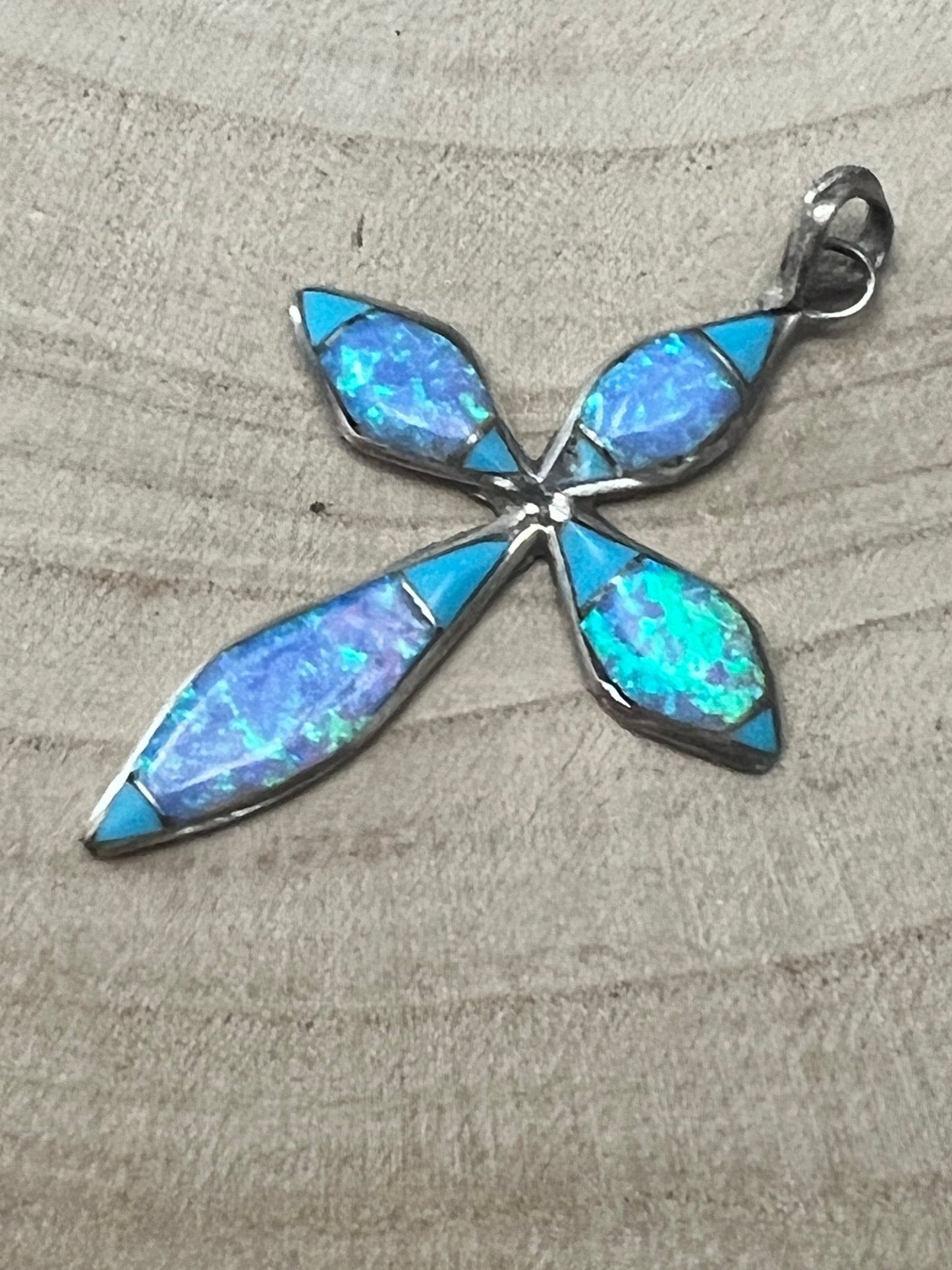 James Kee Navajo Turquoise & Opalite Inlay Cross Pendant — Sterling Silver, Signed JK