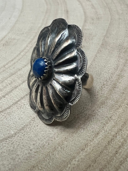 Joanee Silver Navajo Lapis Concho Adjustable Ring — Sterling Silver