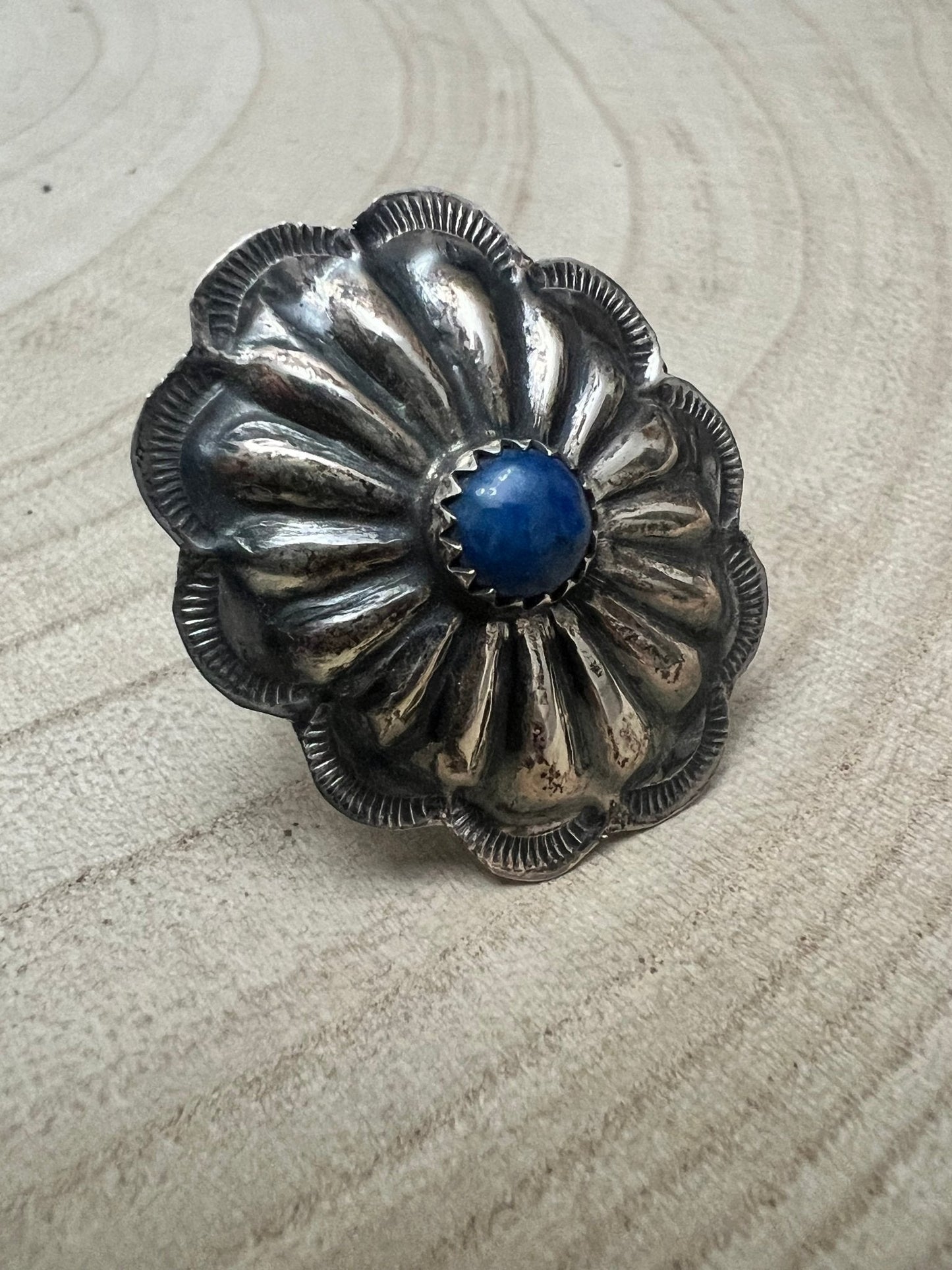 Joanee Silver Navajo Lapis Concho Adjustable Ring — Sterling Silver