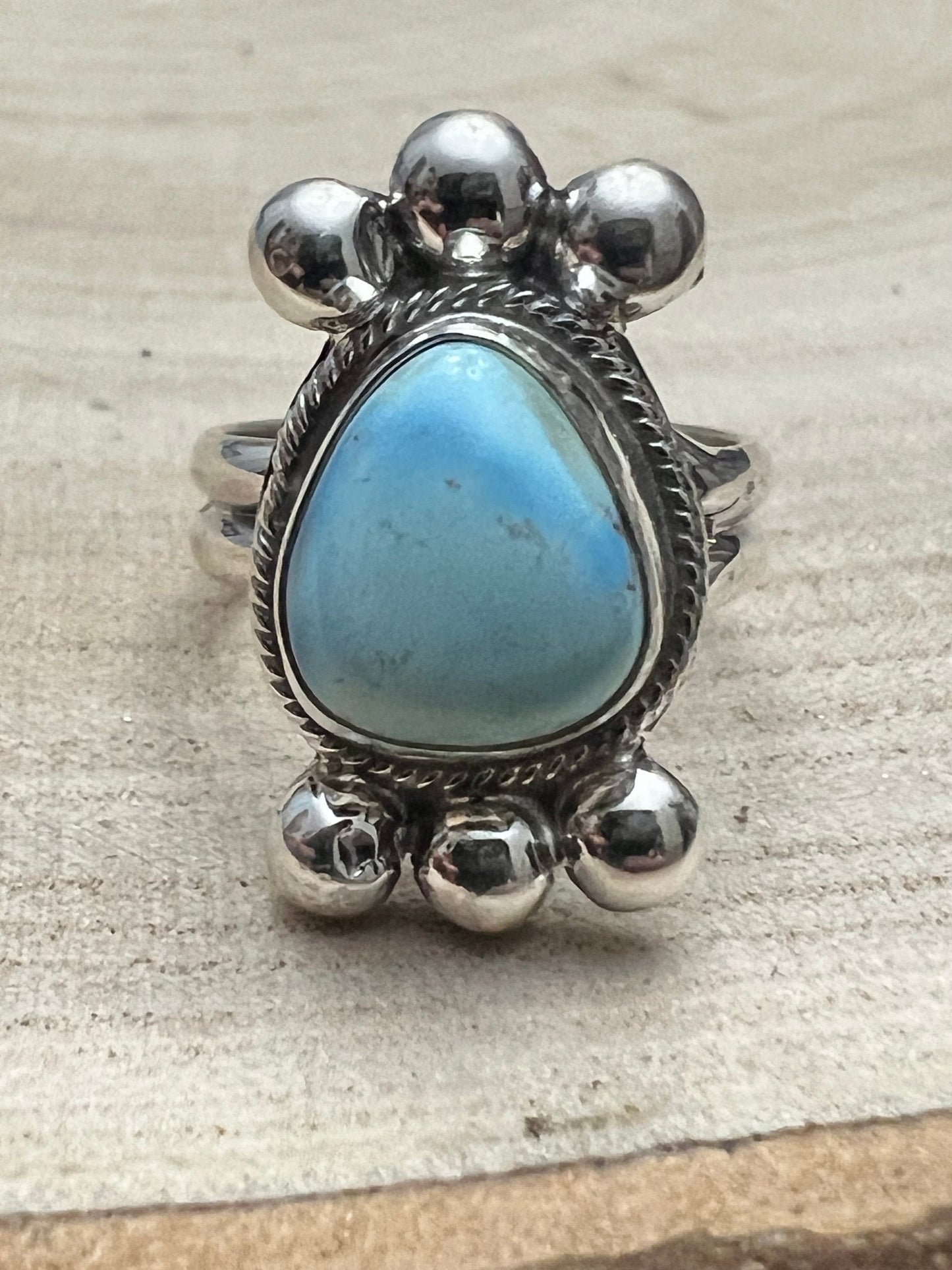 Joelias Draper Navajo Sterling Silver Ring with Golden Hills Turquoise — Adjustable (Hallmarked Draper)