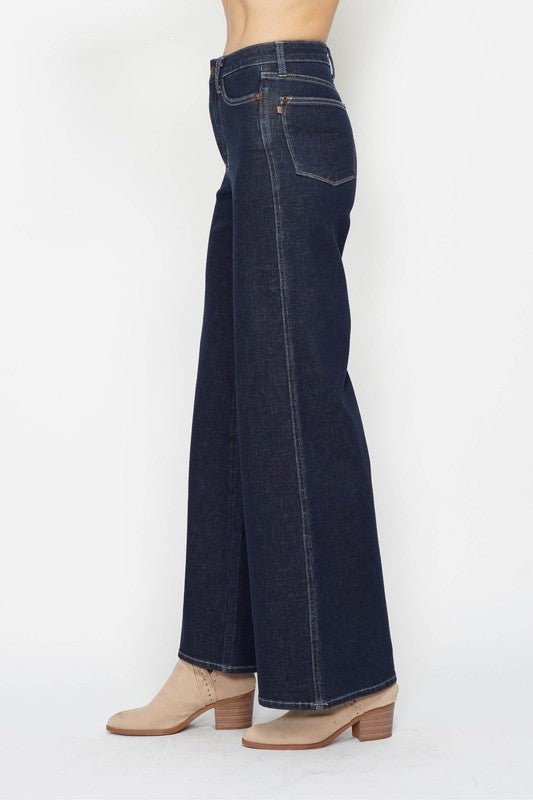 Judy Blue Retro Wide-Leg Western Jeans — Dark Wash Super Stretch, Non-Distressed (7 and 9 remain)