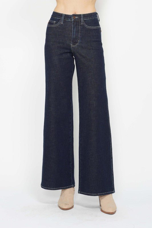 Judy Blue Retro Wide-Leg Western Jeans — Dark Wash Super Stretch, Non-Distressed (7 and 9 remain)