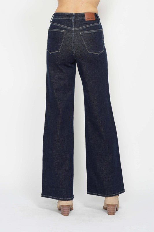 Judy Blue Retro Wide-Leg Western Jeans — Dark Wash Super Stretch, Non-Distressed (7 and 9 remain)