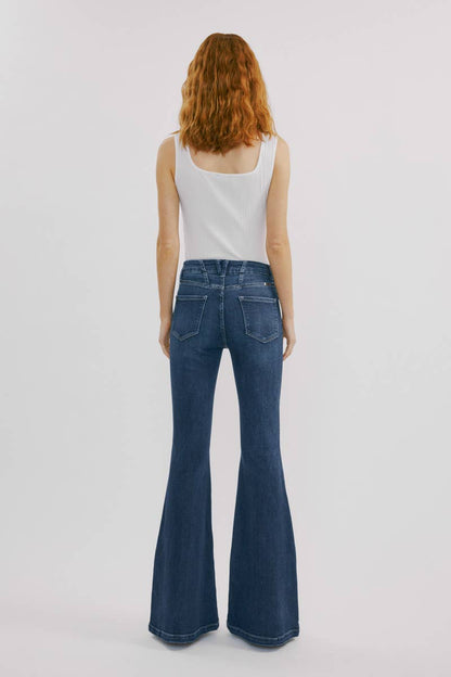 Kan Can High-Rise Super Flare Western Jeans — Dark Wash with Back Waistband Seam Detail & Front Coin Pocket (Size 9 remaining)