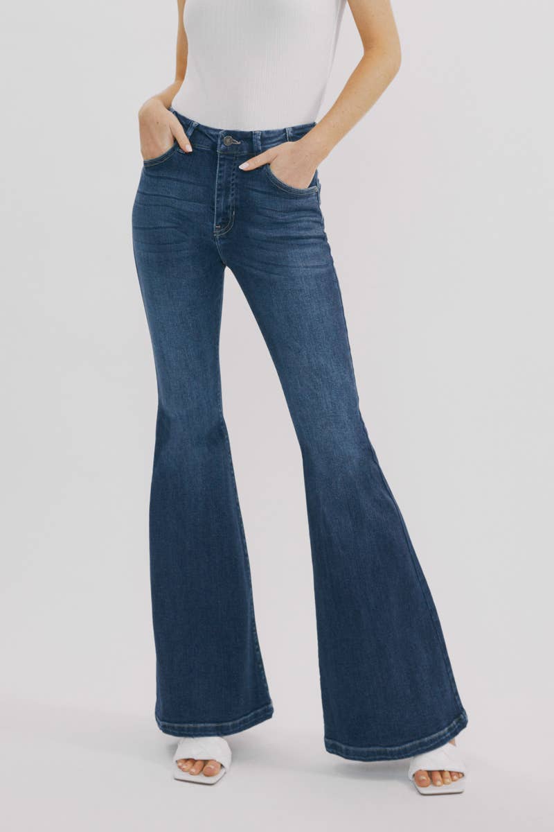 Kan Can High-Rise Super Flare Western Jeans — Dark Wash with Back Waistband Seam Detail & Front Coin Pocket (Size 9 remaining)