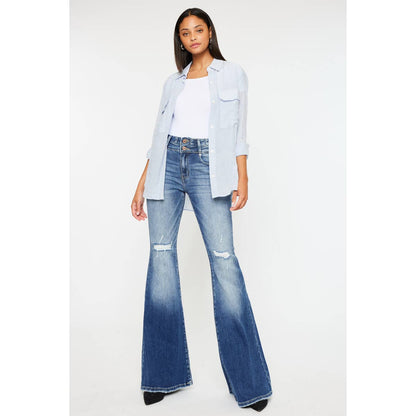 Kan Can High-Rise Super Flare Western Jeans — Dark Stone Wash with Two-Button Zip Fly & Distressed Detailing (Size 7 available)