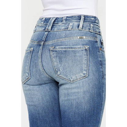 Kan Can High-Rise Super Flare Western Jeans — Dark Stone Wash with Two-Button Zip Fly & Distressed Detailing (Size 7 available)